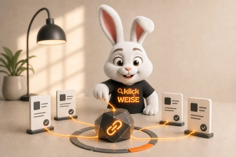 Klickweise-Maskottchen visualisiert KI-Zitation in einer eigenständigen Mess- und Analyseszene.